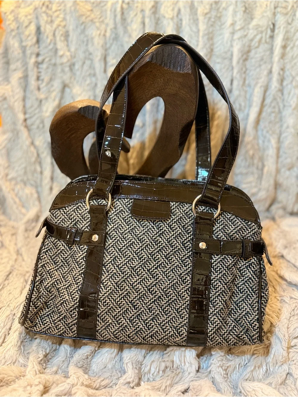 Apt. 9 brown and White Woven Tote with Patent Trim